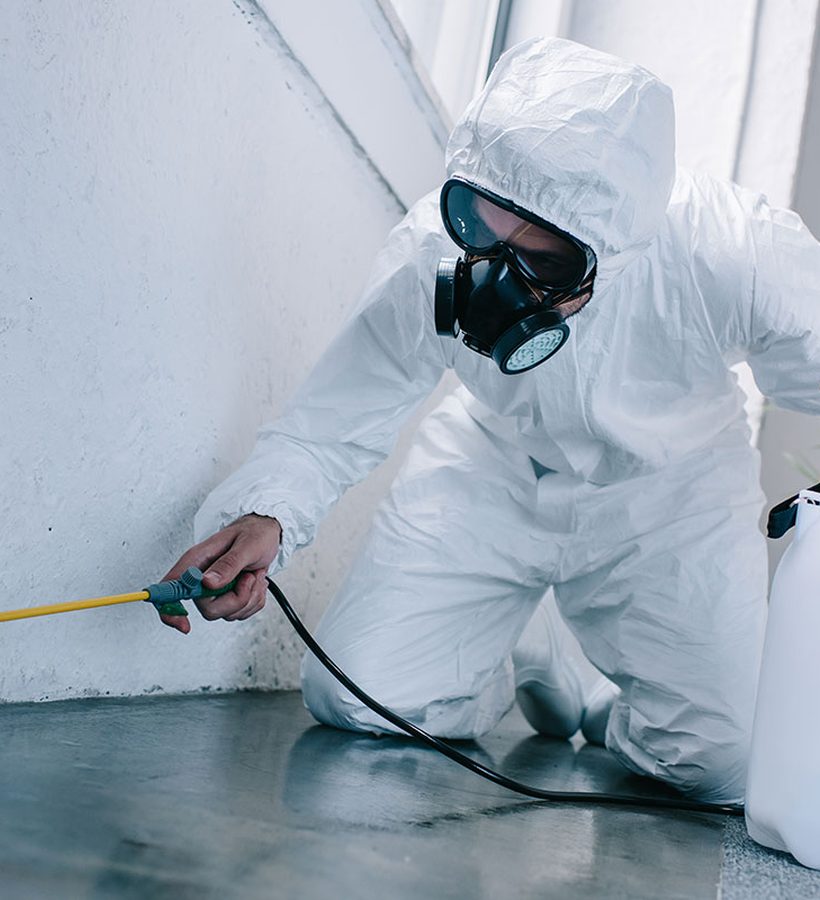 Deegaan pest-control technician in protective gear treating a clean home in Hargeisa